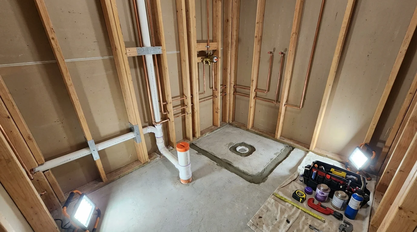 Bathroom rough-in plumbing during remodel by Johns Plumbing LLC in Ravenna