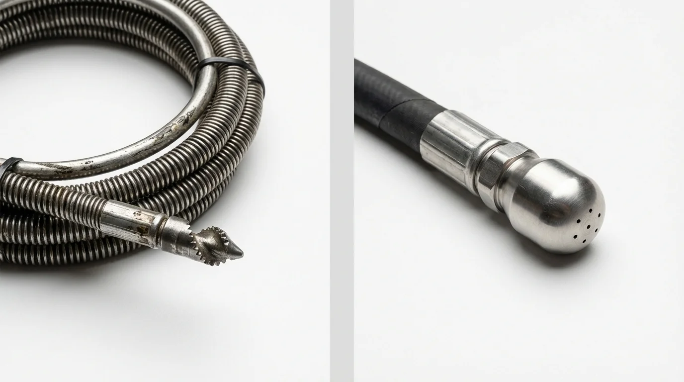 Drain snake cable and hydro jetting nozzle used for drain cleaning in Ravenna, OH