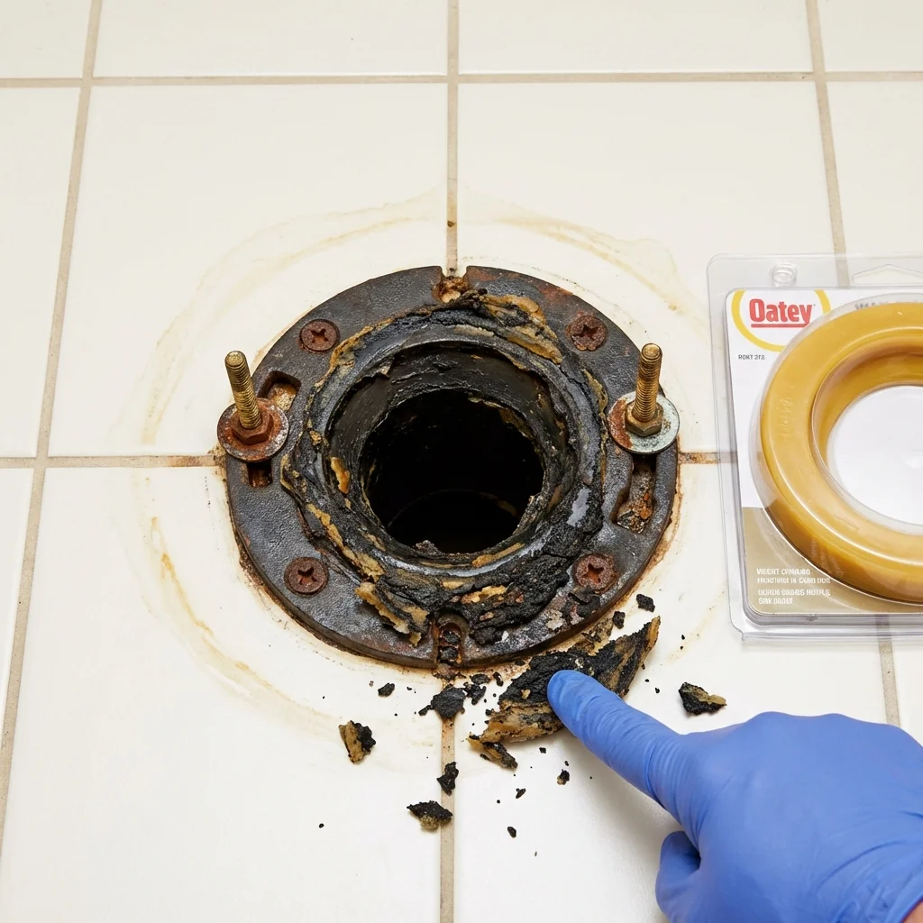 Failed wax ring showing water seepage at the base of a toilet in a Ravenna, OH home