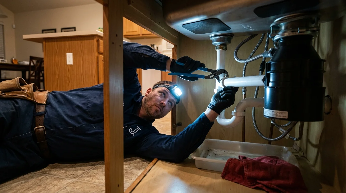 P-trap and supply line connections under a kitchen sink showing a common leak point in Ravenna, OH
